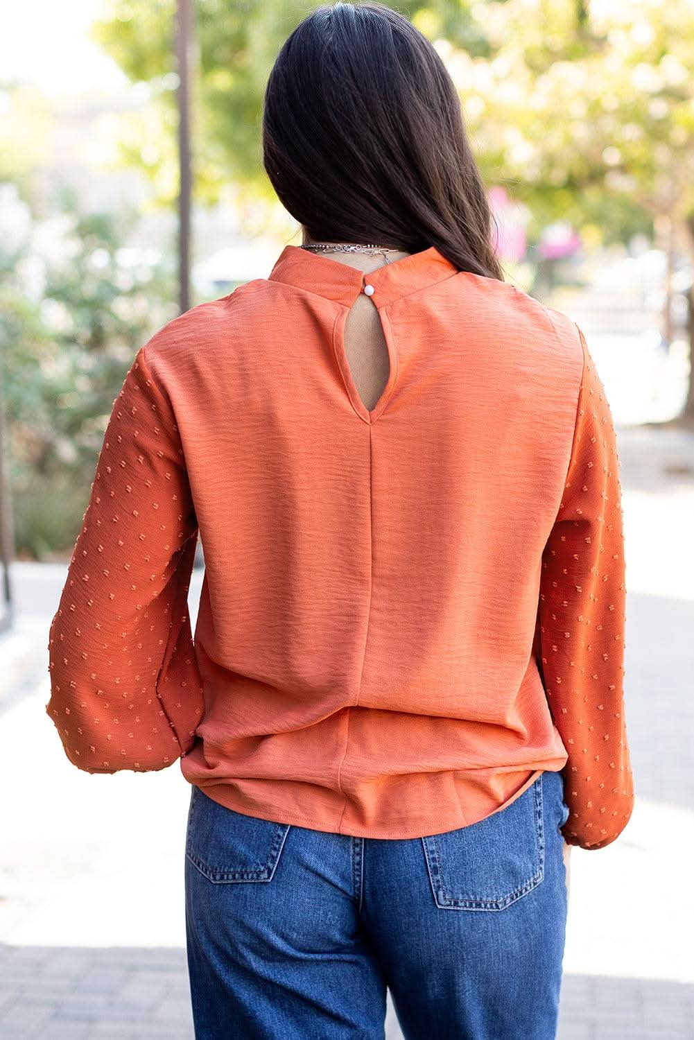 Russet Orange Swiss Dot Balloon Sleeve Loose Blouse - Love Salve